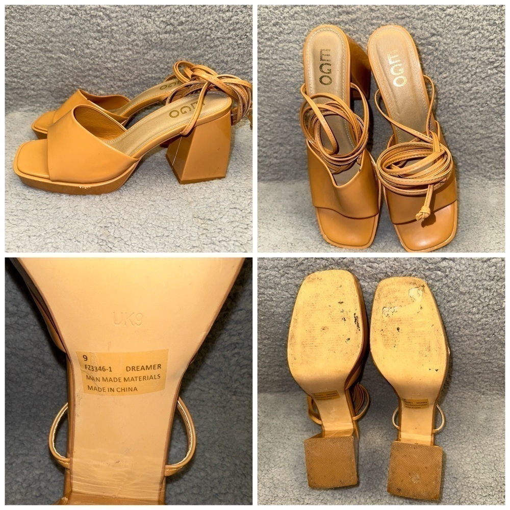 Ego Women's Shoes Beige Size 9 Faux Leather Dreamer Block Heel Ankle Tie Sandals